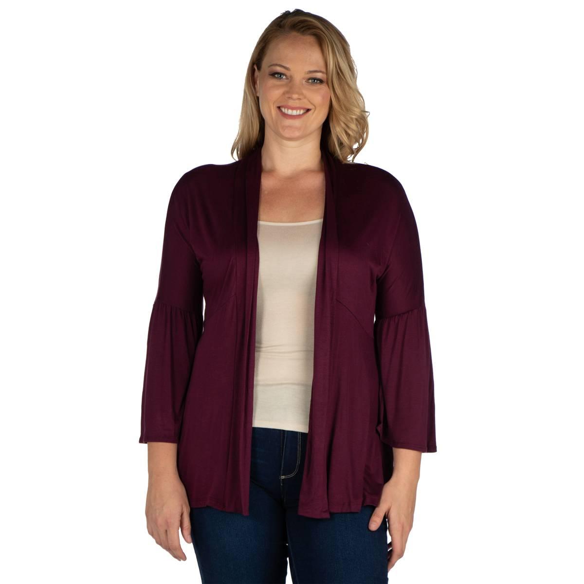 Plus Size 24/7 Comfort Apparel 3/4 Bell Sleeve Open Cardigan