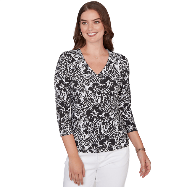 Petite Hearts of Palm Printed Essentials Floral V Neck Blouse