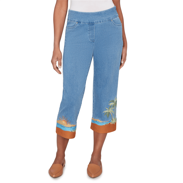 Womens Alfred Dunner Beachcomber Beach Embroidery Denim Capris