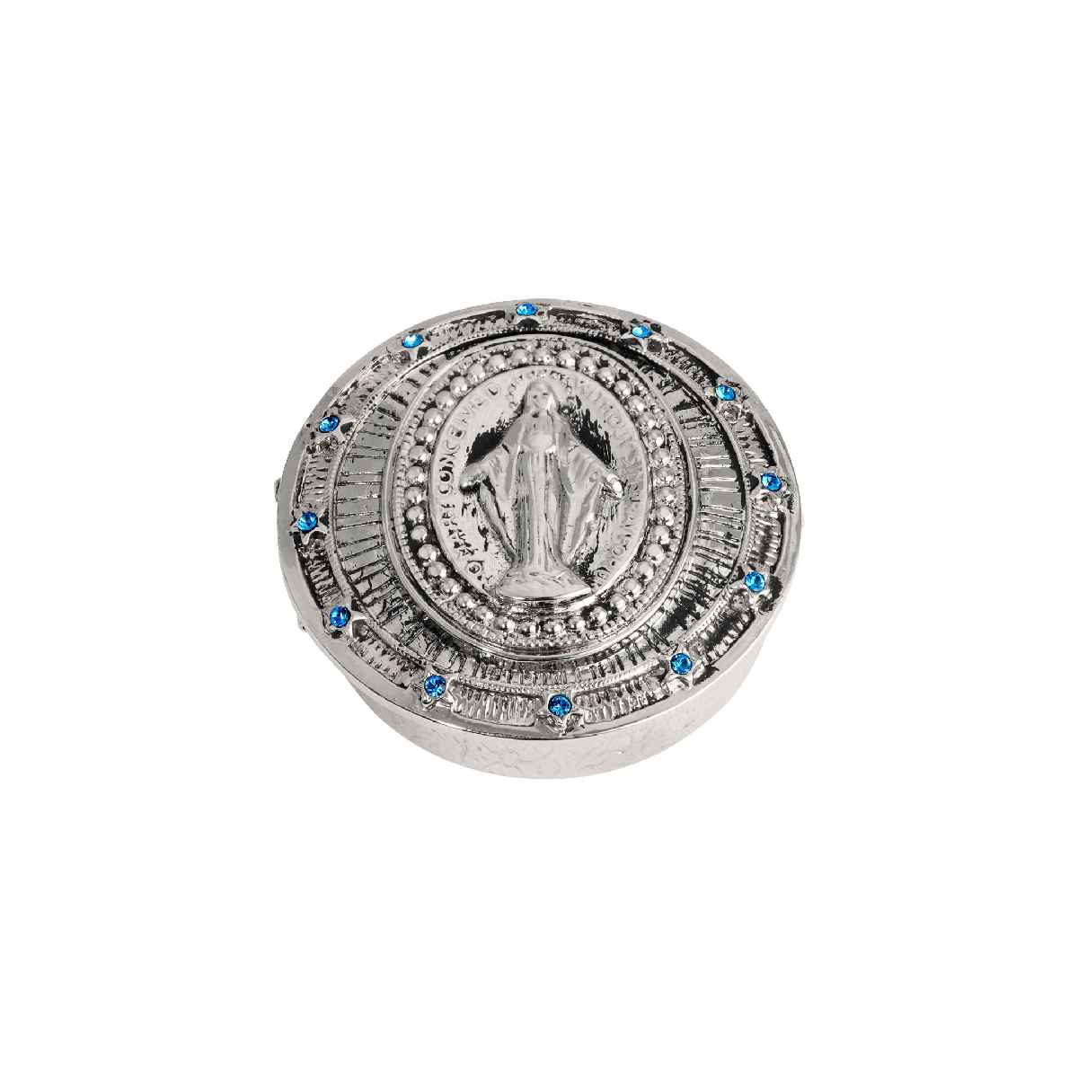 Symbols of Faith Silver Tone Blue Crystal Pill Box