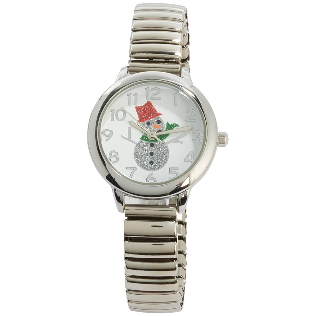 Womens Silver Stretch Band Glitter Snowman Dial Watch - AF129A