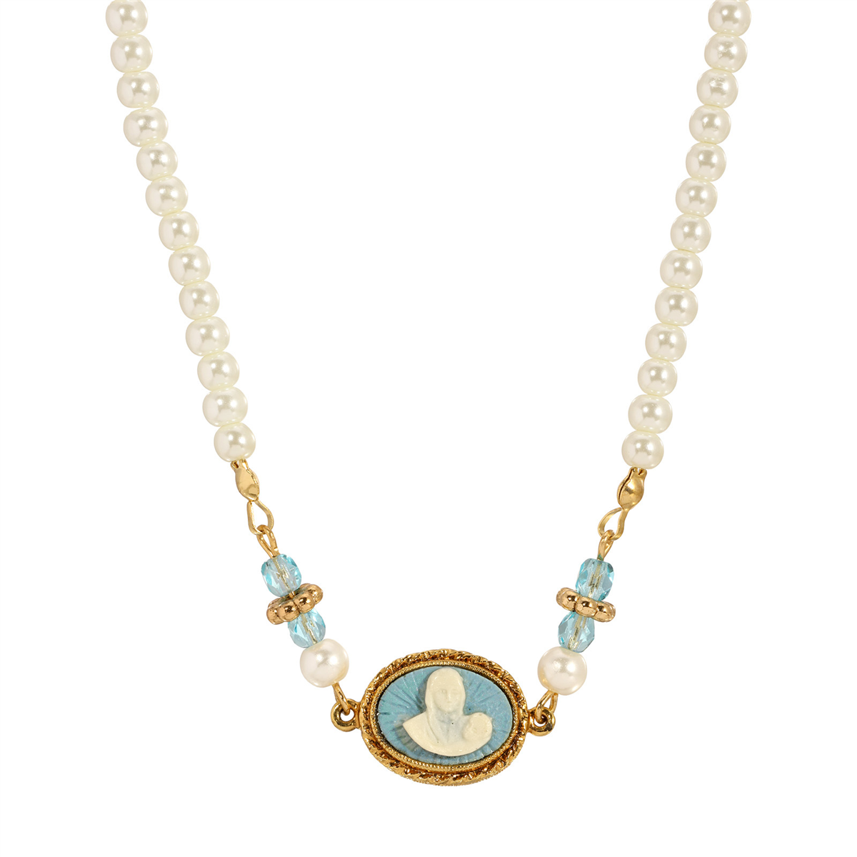 Symbols of Faith Faux Pearl Mary & Child Cameo Beaded Necklace