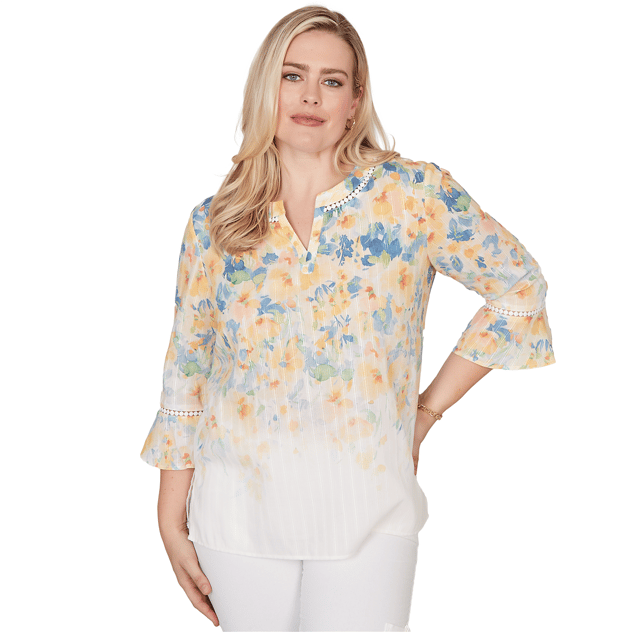 Petite Alfred Dunner Out Of The Blue Flounce Sleeve Floral Blouse