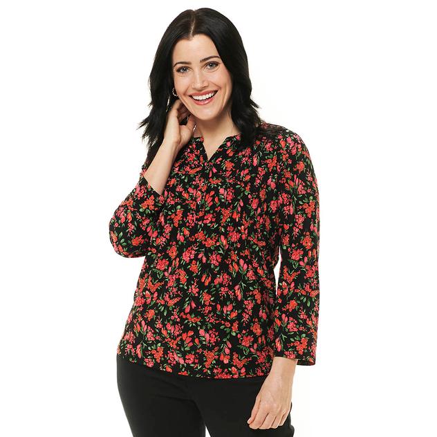 Womens Napa Valley 3/4 Sleeve Ditsy Floral Pleat Henley Blouse