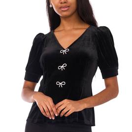 Womens MSK Elbow Sleeve V-Neck Rhinestone Bows Blouse
