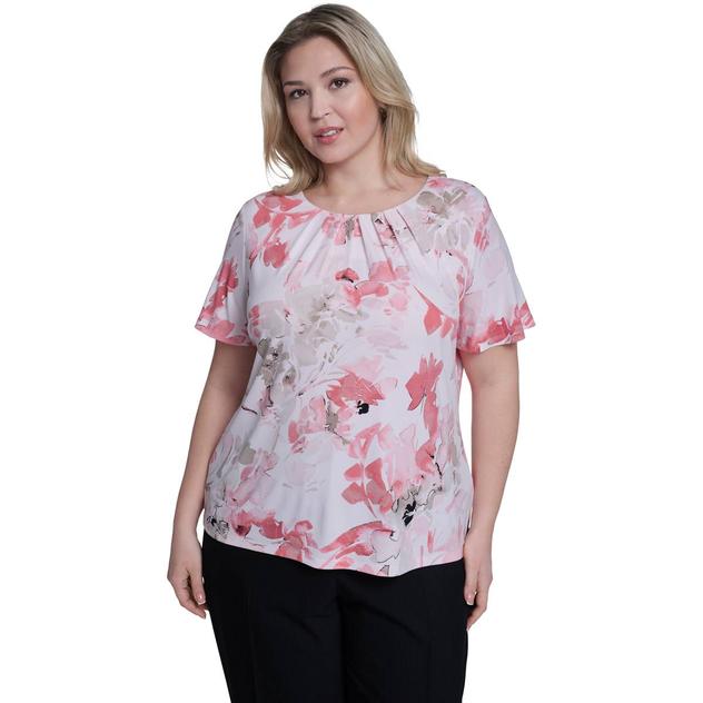 Plus Size Calvin Klein Short Sleeve Pleat Neck Floral Blouse