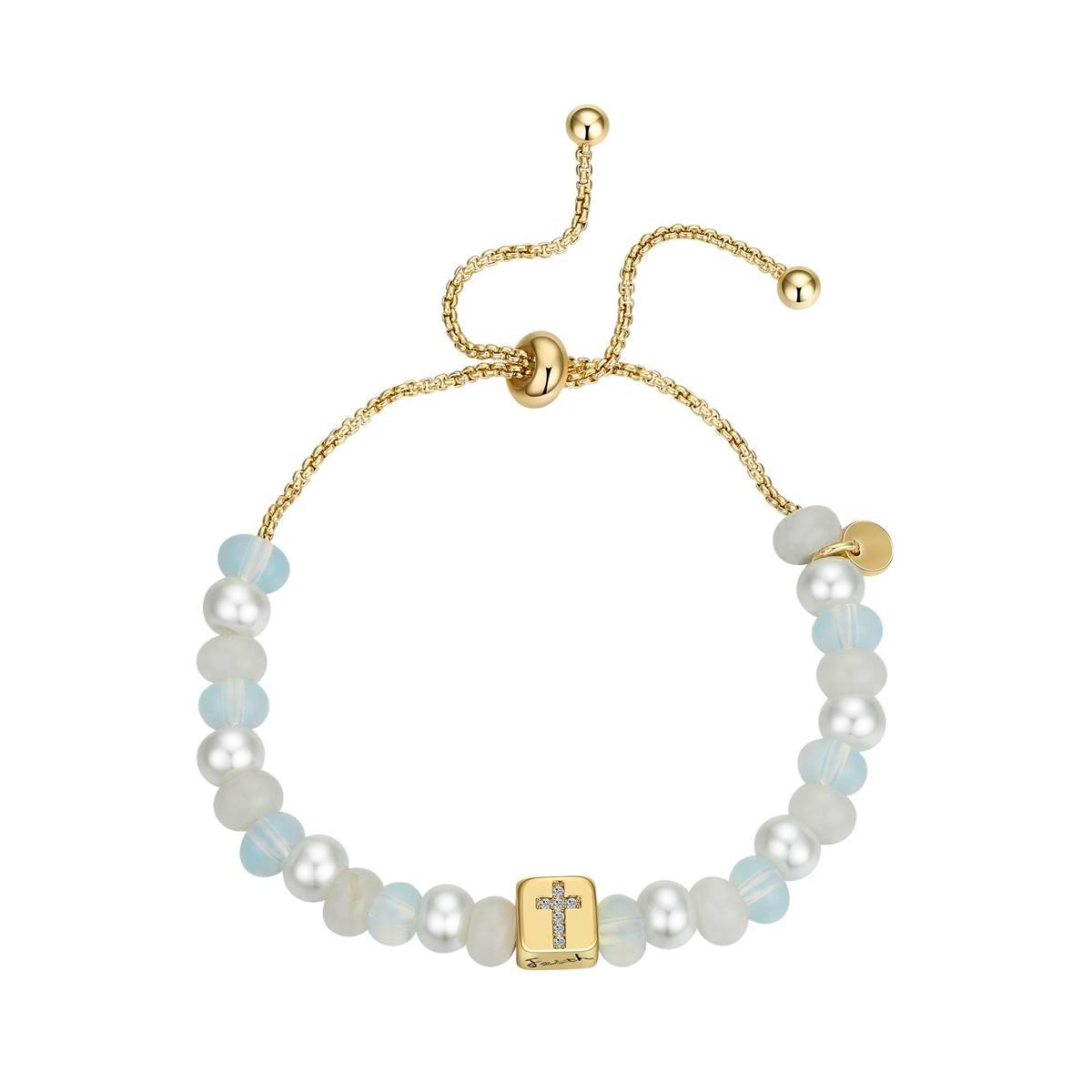 Shine Gold Flash Plated CZ Textured Faith Cross Bolo Bracelet