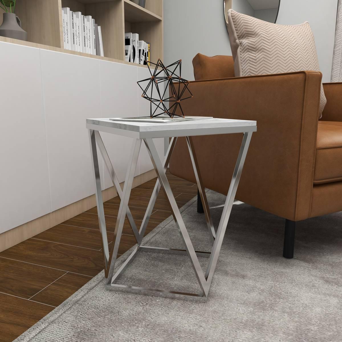 9th & Pike® Silver Marble and Stainless Steel Modern Accent Table