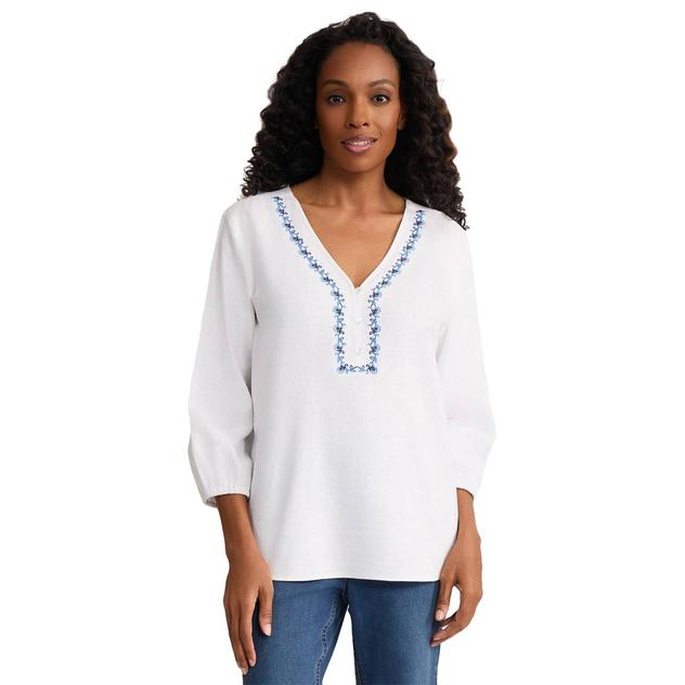 Petite Jones New York 3/4 Sleeve Embroidered Trim Linen Blouse
