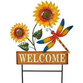 Dragonfly Sunflower Welcome Metal Garden Stake