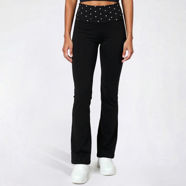 Juniors No Comment Yum Jersey Reverse Foldover Flare Leggings