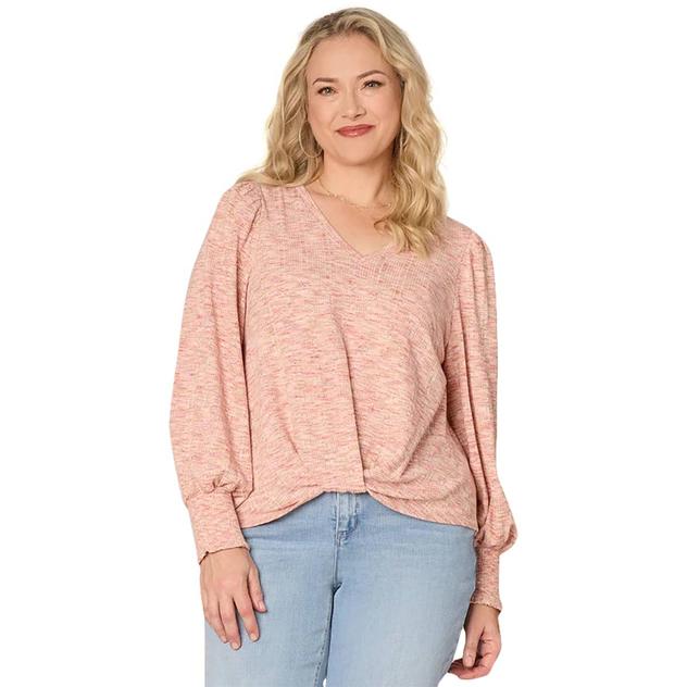 Plus Size Democracy Long Blouson Sleeve V-Neck Twist Hem Blouse
