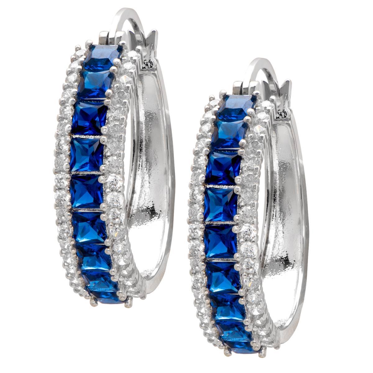 Gianni Argento Fine Silver Plated Lab Sapphire Line Hoop Earrings