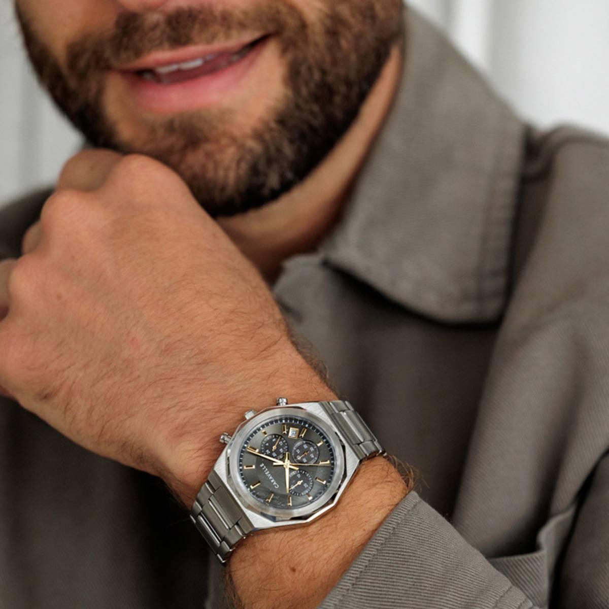 Mens Caravelle Stainless Steel Grey Dial Chrono Watch - 43A158