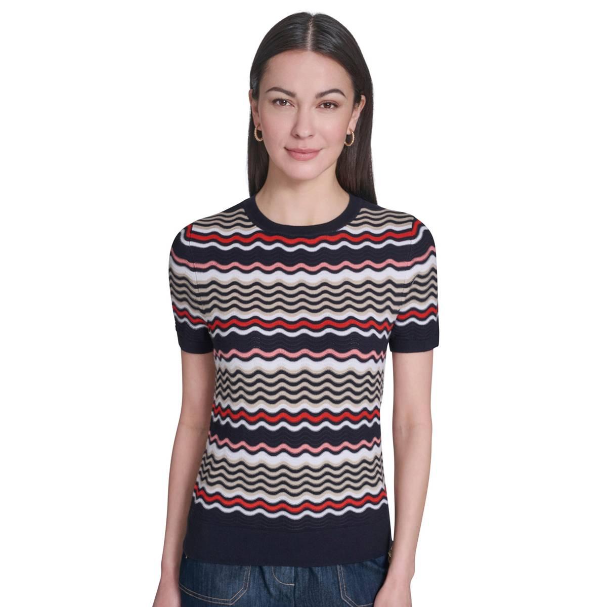 Womens Tommy Hilfiger Short Sleeve Scallop Stripe Sweater
