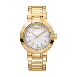 Womens DKNY Eastside Logo White Mop Dial Gold Watch-DK1L023M0035
