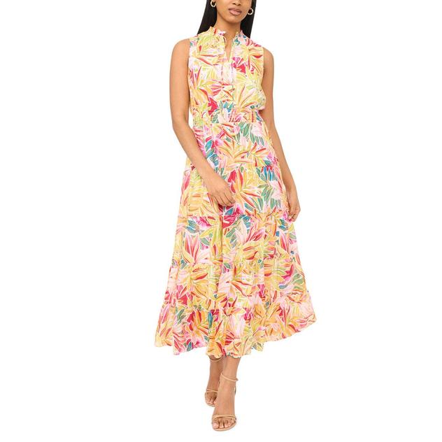 Womens MSK Sleeveless Tropical Leaf Tie Neck Tiered Midi Dress