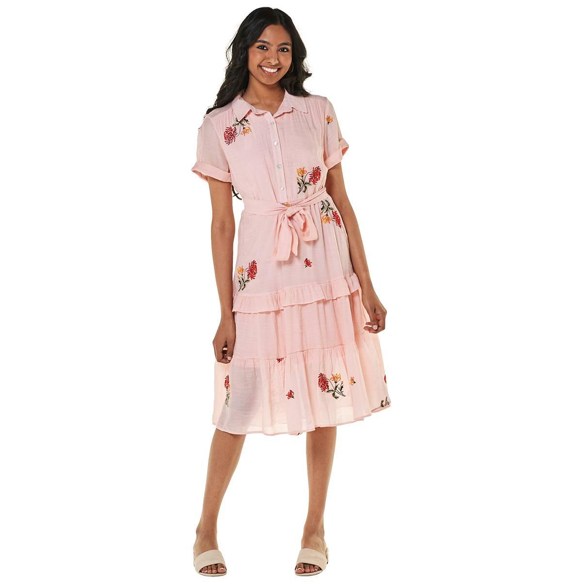 Womens Figueroa & Flower Short Sleeve Tier Embroidered Shirtdress
