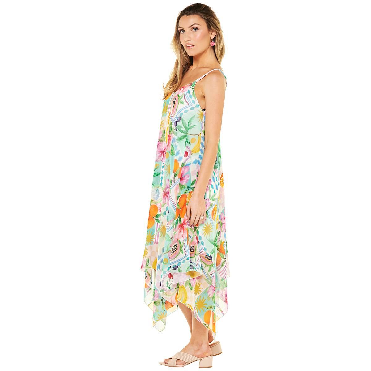 Womens Nina Leonard Sleeveless Chiffon Fruit Hanky Hem Midi Dress