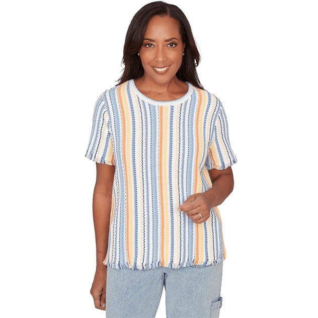 Womens Alfred Dunner Out Of The Blue Fringe Stripe Sweater