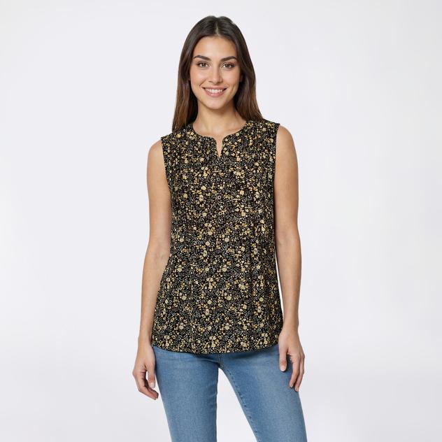 Petite Napa Valley Sleeveless Ditsy Floral Pleat Henley Blouse