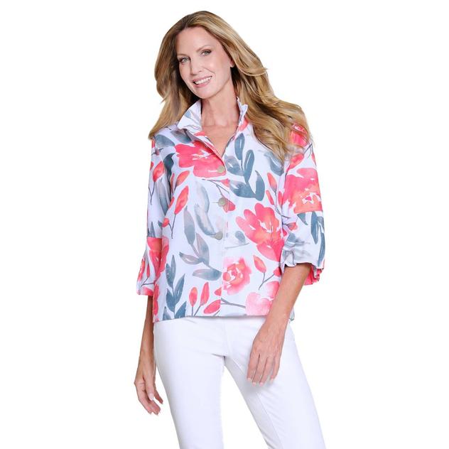 Womens Multiples 3/4 Puff Sleeve Watercolor Floral Button Blouse