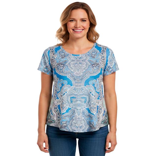 Womens OneWorld Short Sleeve Sublimation Studded Damask Tee