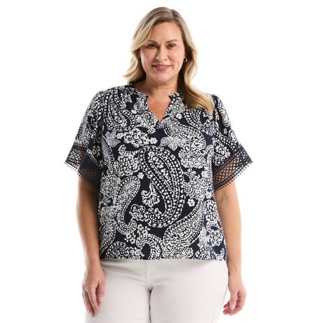 Plus Size Rafaella® Short Flutter Lace Sleeve Paisley Blouse