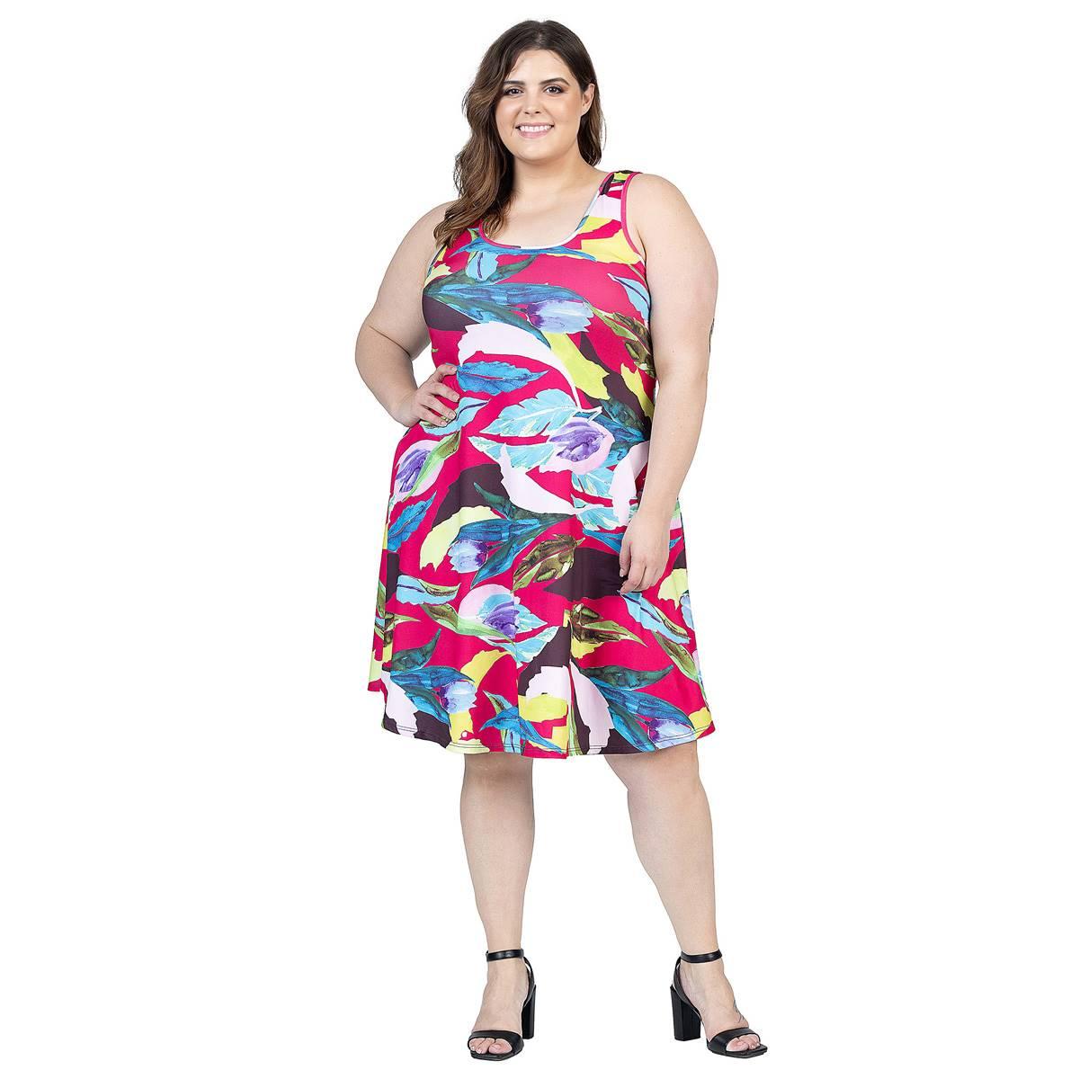 Plus Size 24/7 Comfort Apparel Tropical A-Line Knee Length Dress