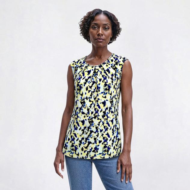 Womens Kasper Sleeveless Pleat Neck Abstract Blouse