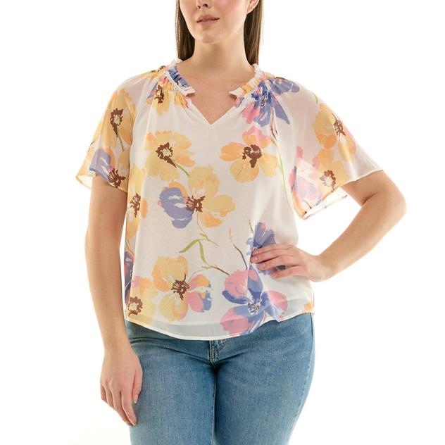 Womens Zac & Rachel Short Sleeve Split Neck Floral Chiffon Blouse