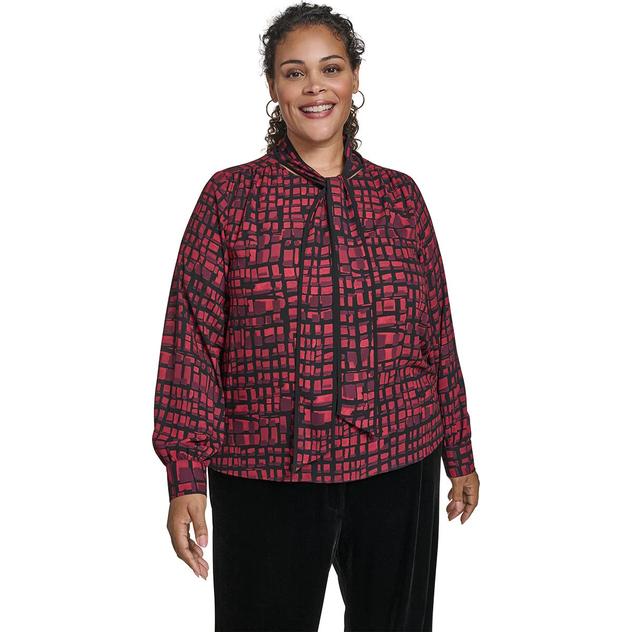 Plus Size Calvin Klein Long Sleeve Tie Neck Geometric Blouse