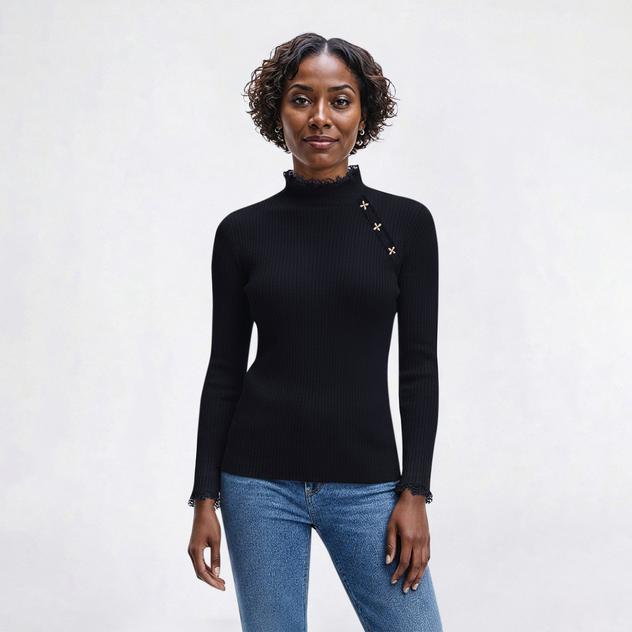 Womens Nicole Miller Ruffle Mock Neck with Bow Detail Sweater