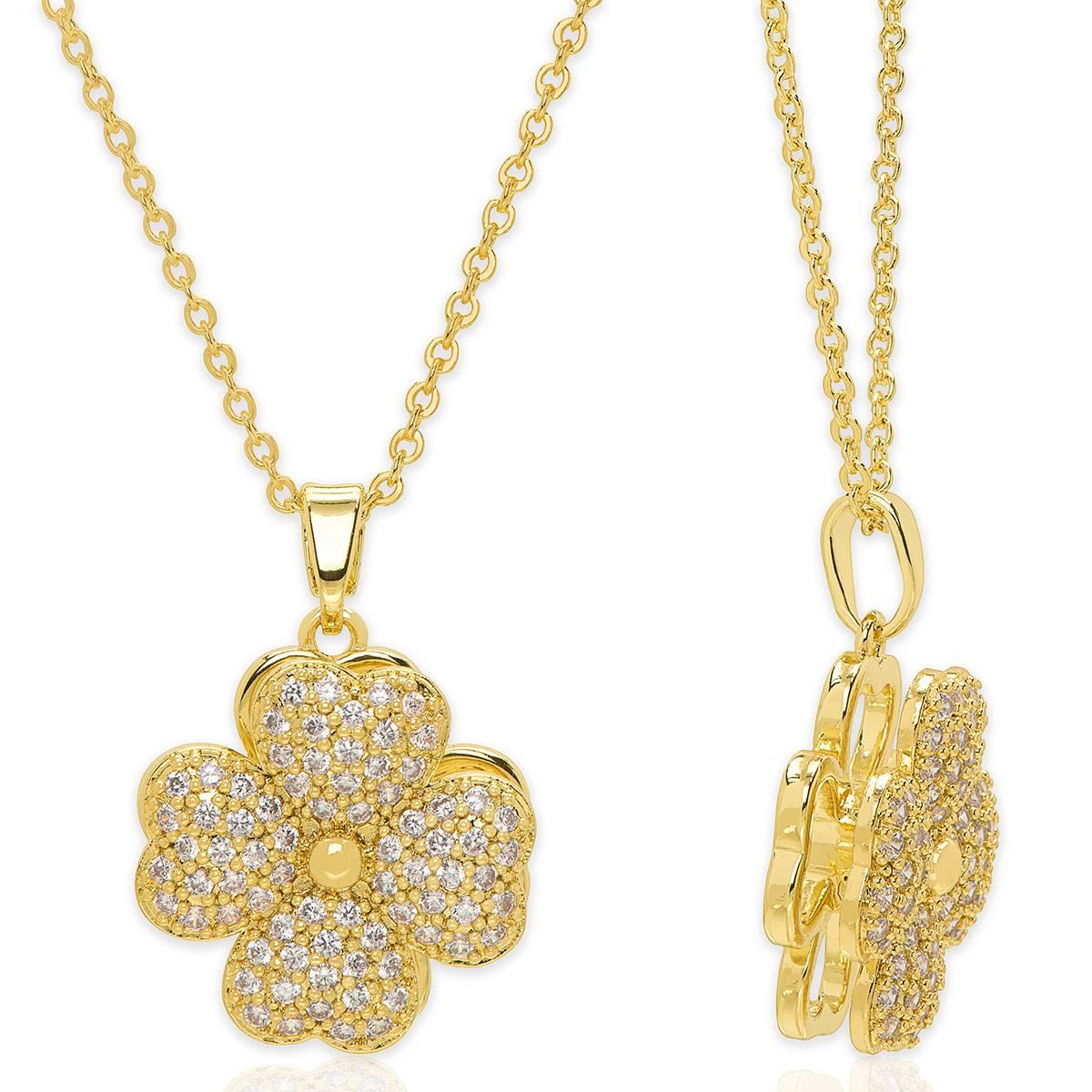 14kt. Gold Plated & CZ Pave Clover Spinner Pendant Necklace