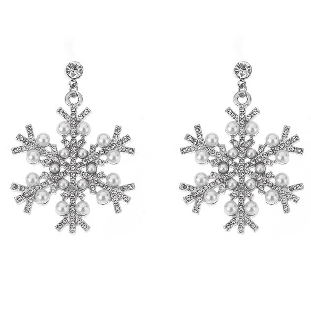 Silver-Tone Rhinestone Pearl Snowflake Earrings