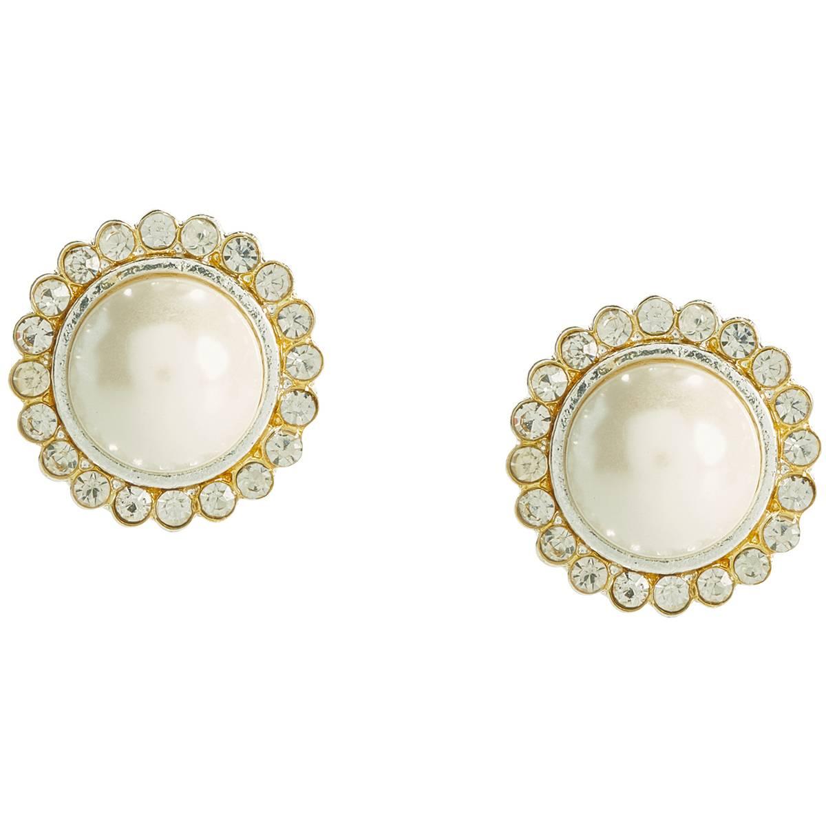 Rosa Rhinestones Silver-Tone Pearl Button Clip On Earrings