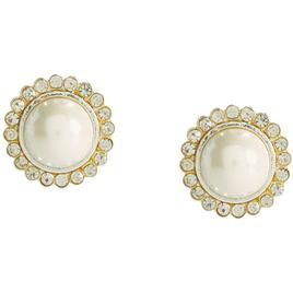 Rosa Rhinestones Silver-Tone Pearl Button Clip On Earrings