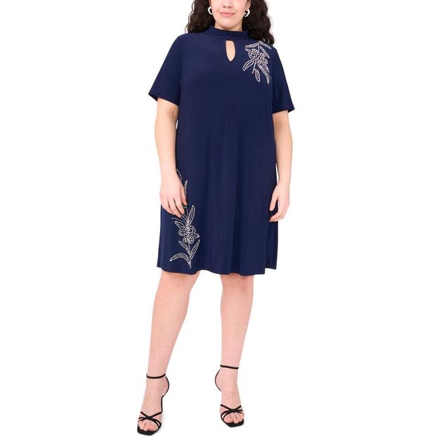 Plus Size MSK Short Sleeve Keyhole Asymmetrical Bead Shift Dress