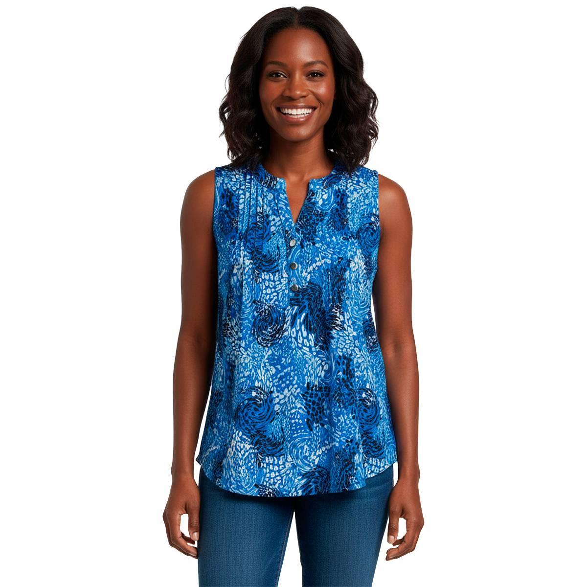 Womens Notations Sleeveless Abstract Leopard Pleat Blouse