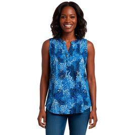 Womens Notations Sleeveless Abstract Leopard Pleat Blouse