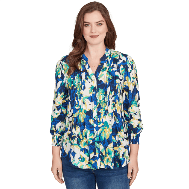 Womens Ruby Rd. Fall Flair Pleated Button Front Floral Blouse