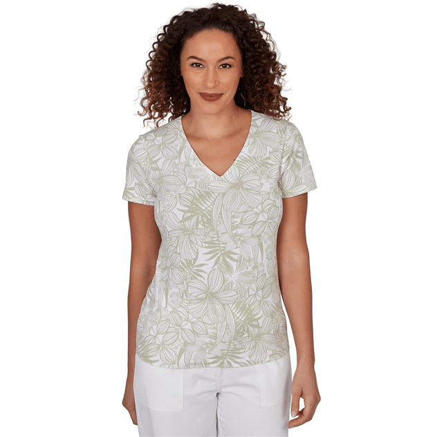 Petite Hearts of Palm Printed Essentials Tropical V Neck Tee