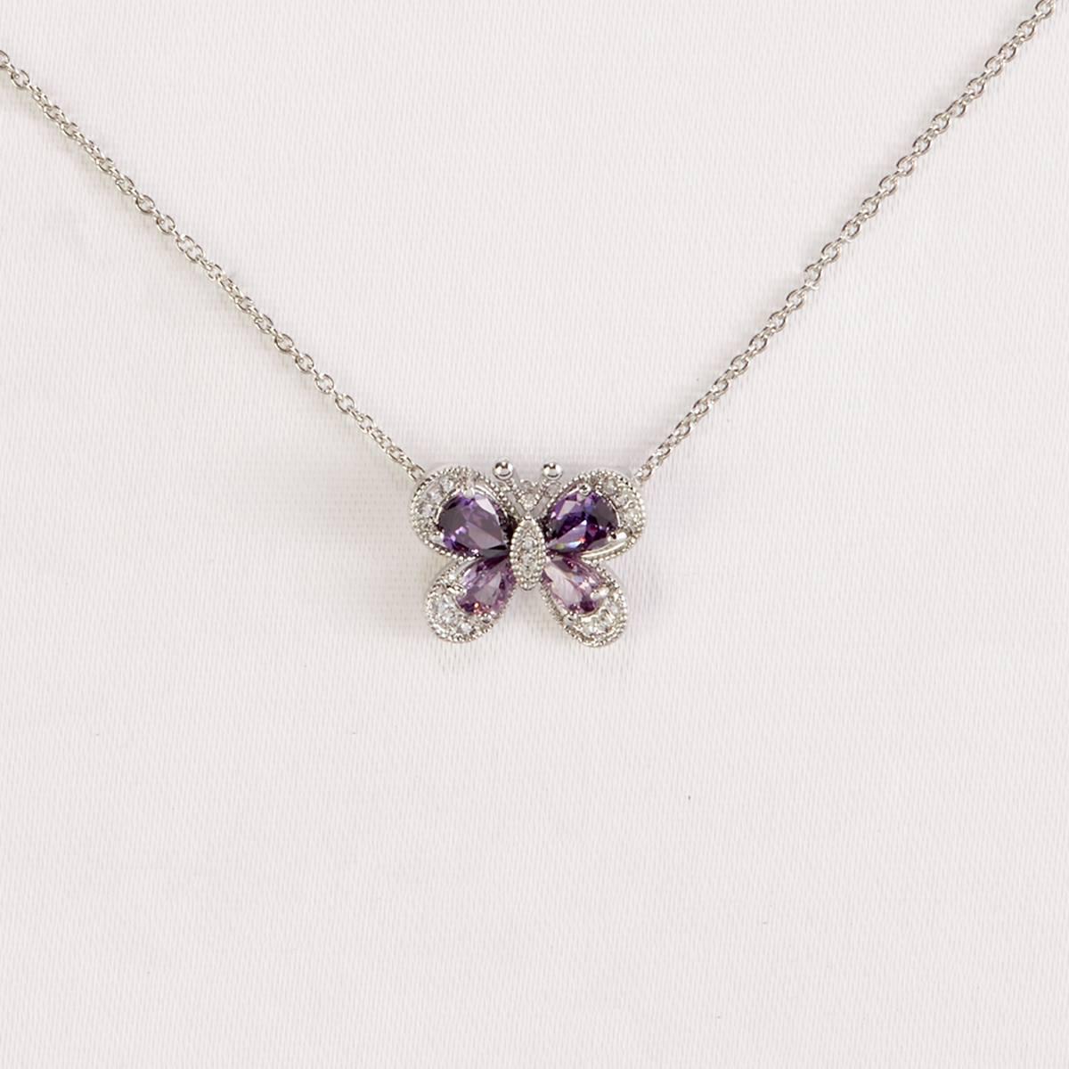 Silver-Tone Brass Amethyst Butterfly Cubic Zirconia Pendant