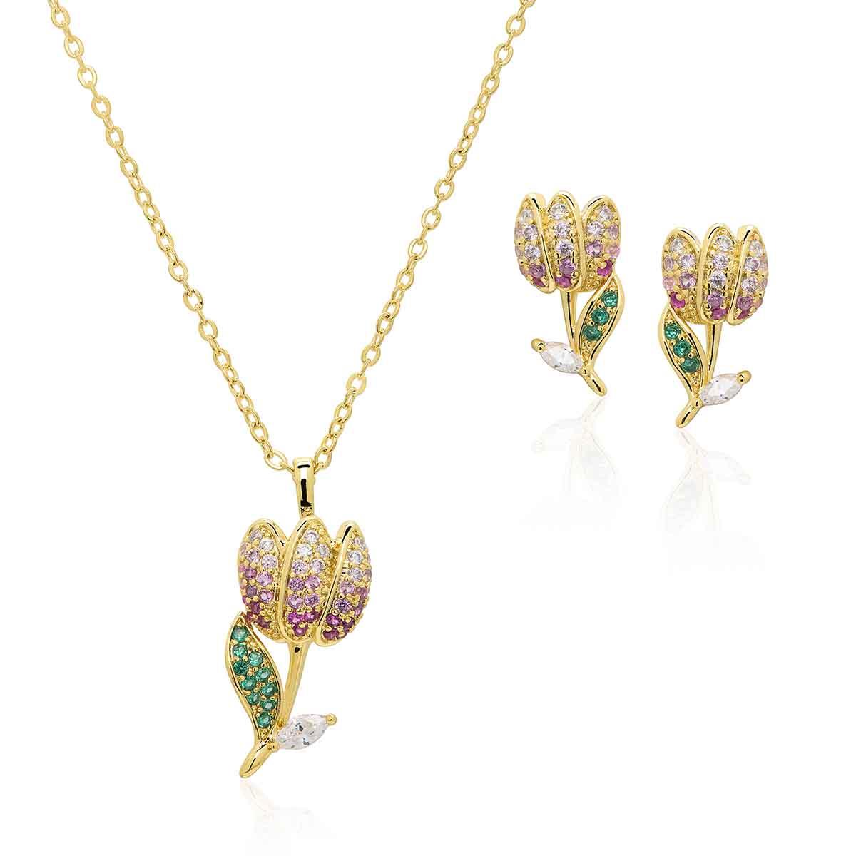 Gold Plated CZ Tulip Necklace & Earring Set