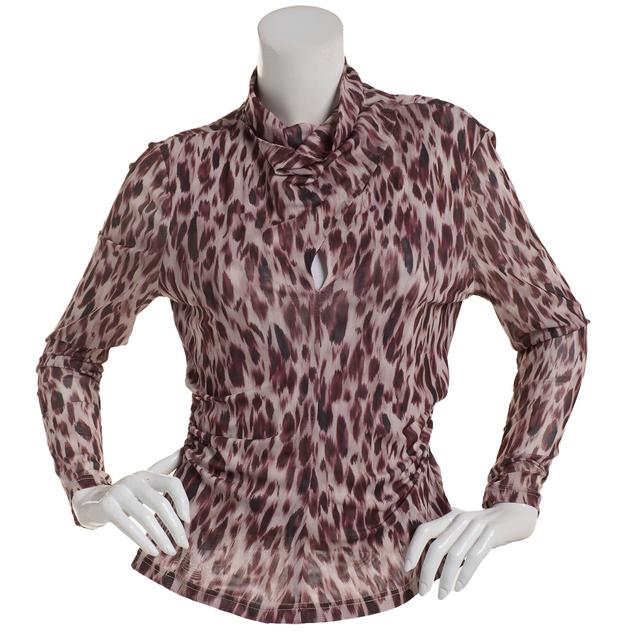 Womens Nicole Miller Long Sleeve Mock Neck Leopard Mesh Blouse