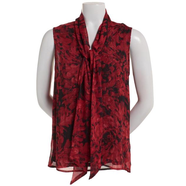 Womens Kasper Sleeveless Floral Tie Front Blouse with Gold Lurex