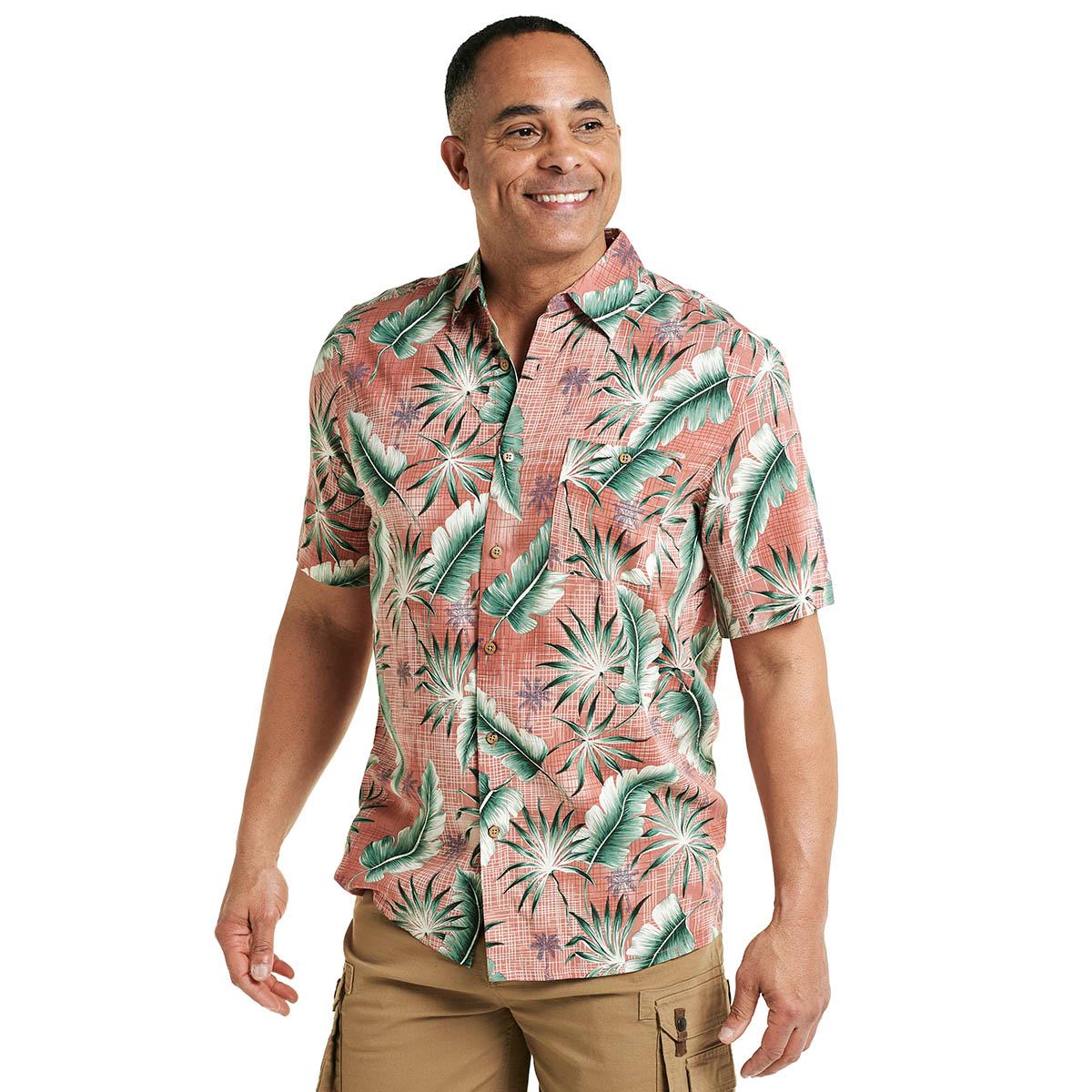 Mens Campia Short Sleeve Tropical Leaf Button Down Shirt - Coral