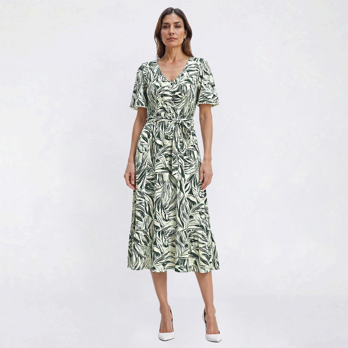 Womens Luxology Short Sleeve V Neck Tropical Leaf Midi Dress