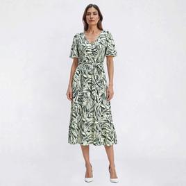 Womens Luxology Short Sleeve V Neck Tropical Leaf Midi Dress