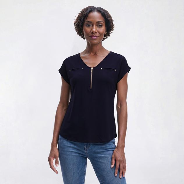 Womens 89th & Madison Short Sleeve Zipper Front V Neck Blouse